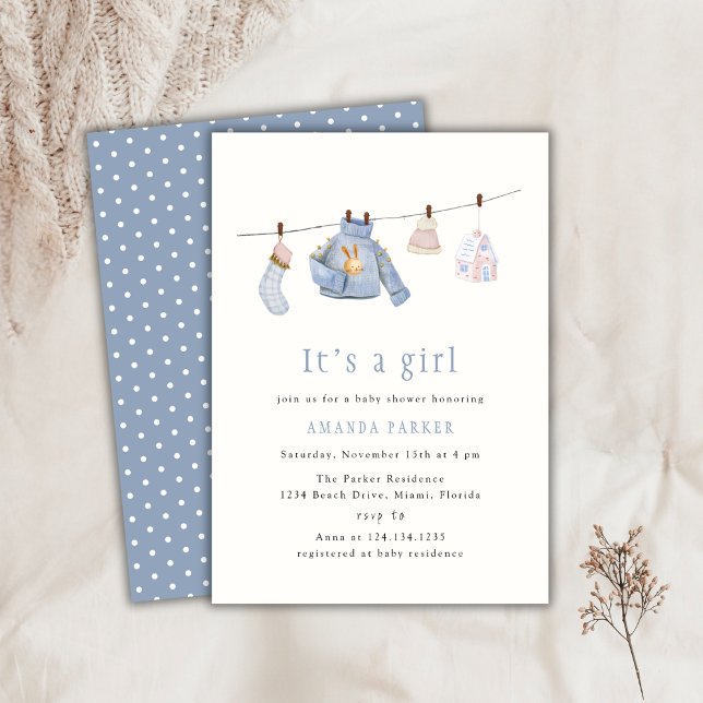 Invitación Blue Watercolor Chica Winter Clothes Baby Shower (Blue Watercolor Girl Winter Clothes Baby Shower Invitation)