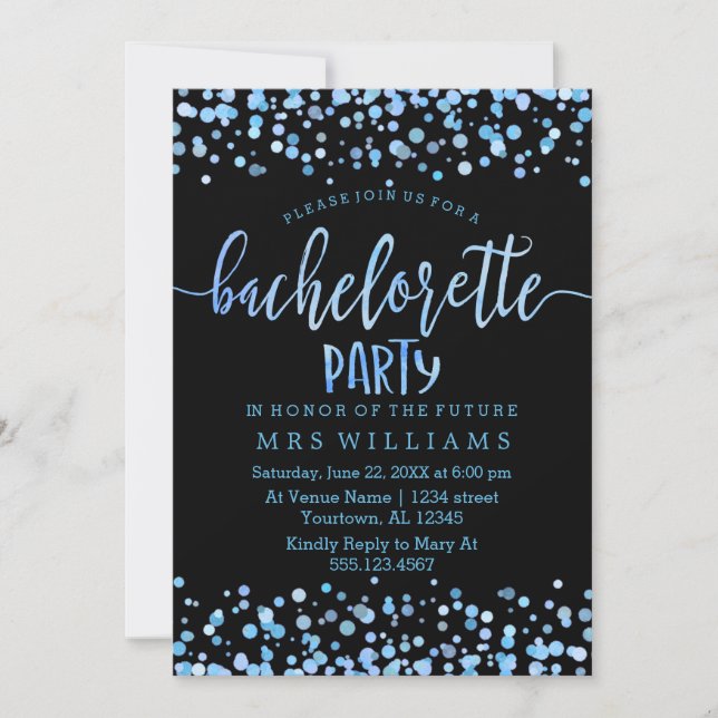 Invitación Blue Watercolor Confetti Dots Bachelorette Party (Anverso)