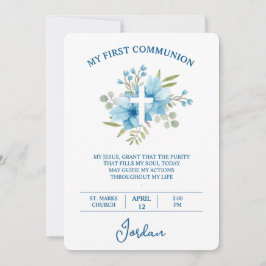 Invitación Blue Watercolor Cross First Holy Communion