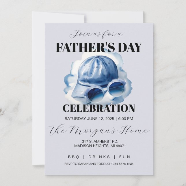 Invitación Blue Watercolor Dad's Hat and Sunglasses   (Anverso)