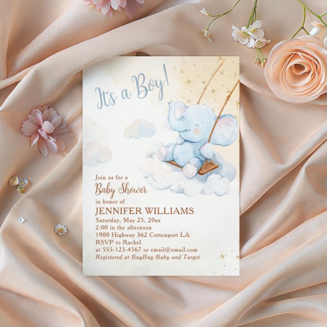 Invitación Blue Watercolor Elephant Swing Boy Baby Shower (Subido por el creador)