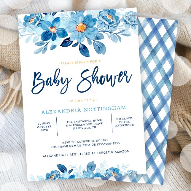 Invitación Blue Watercolor Floral Baby Shower (Blue Watercolor Floral Baby Shower Invitation)