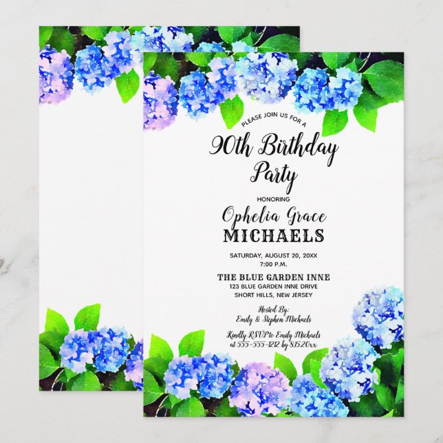 Invitación Blue Watercolor Floral Birday Party (Anverso / Reverso)
