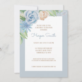 Invitación Blue Watercolor Floral Birday Party