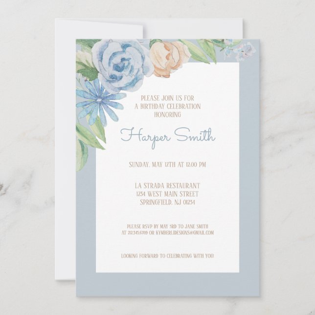 Invitación Blue Watercolor Floral Birday Party (Anverso)