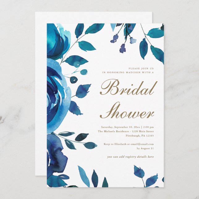 Invitación Blue Watercolor Floral Bridal Shower (Anverso / Reverso)