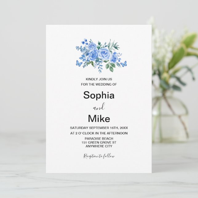 Invitación Blue Watercolor Floral Butterflies Wedding (Anverso de pie)