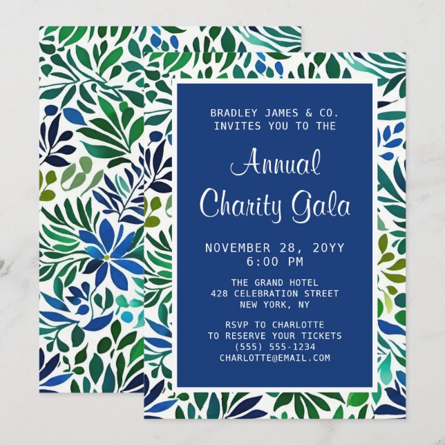 Invitación Blue Watercolor Floral Charity Event Gala Fiesta (Anverso / Reverso)