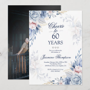 Invitación Blue Watercolor Floral Elegant Foto 60 cumpleaños