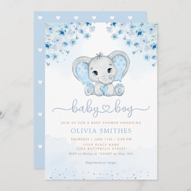 Invitación Blue Watercolor Floral Elephant Boy Baby Shower (Anverso / Reverso)