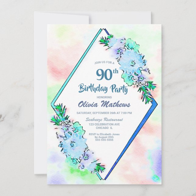 Invitación Blue Watercolor Floral Geométrico 90º cumpleaños (Anverso)