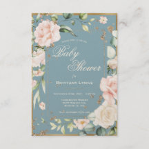 Blue Watercolor Floral Gold Frame Baby Shower