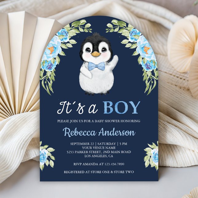 Invitación Blue Watercolor Floral Penguin Navy Baby Shower (Subido por el creador)