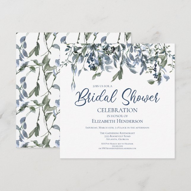 Invitación Blue Watercolor Floral Vines Bridal Shower (Anverso / Reverso)