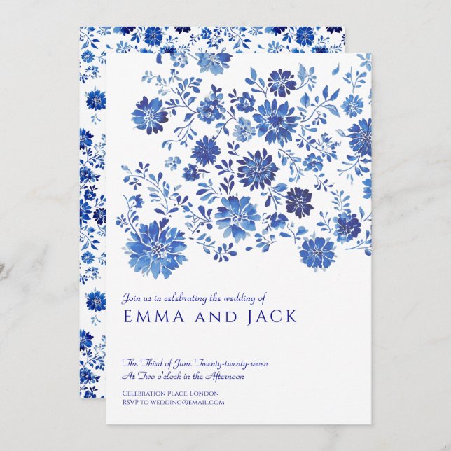 Invitación Blue Watercolor Floral Wedding Invitation (Anverso / Reverso)