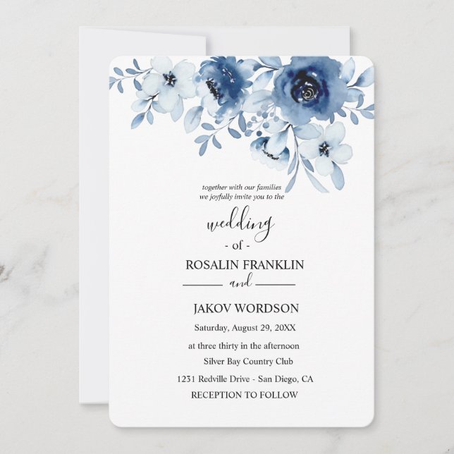 Invitación blue watercolor floral wedding Invitation (Anverso)