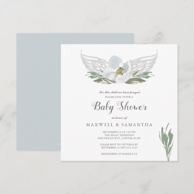 Invitación Blue Watercolor Florals Angel Wings Baby Shower (Anverso / Reverso)