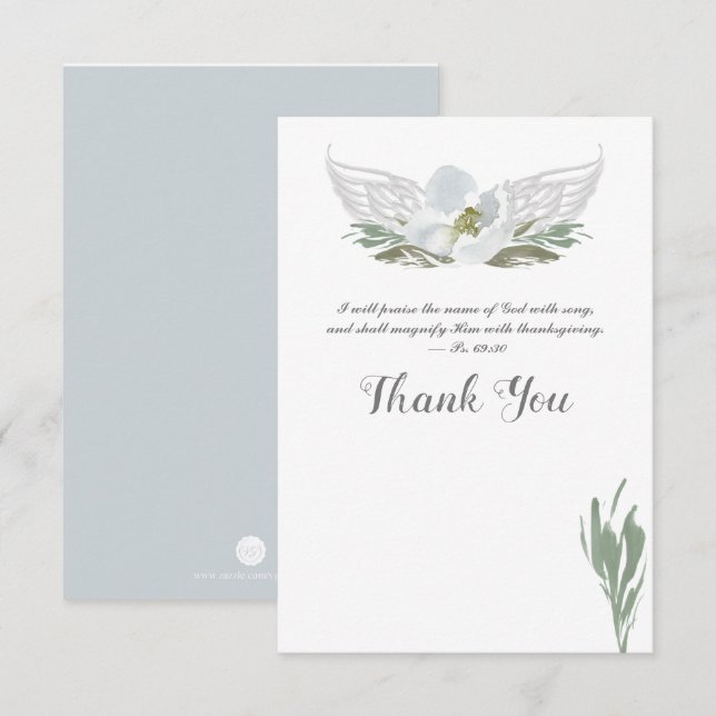 Invitación Blue Watercolor Florals Angel Wings Gracias (Anverso / Reverso)