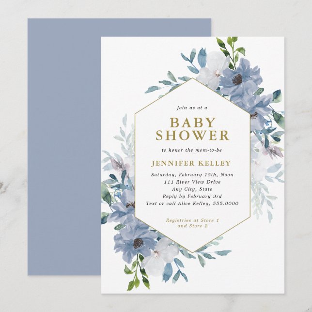 Invitación Blue Watercolor Flower Bouquet Baby Shower (Anverso / Reverso)