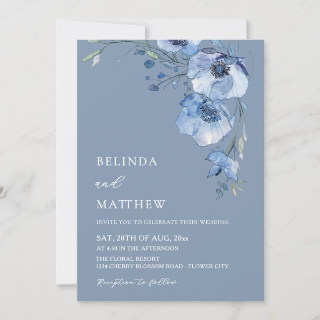 Invitación Blue Watercolor Flowers Casual Wedding (Anverso)