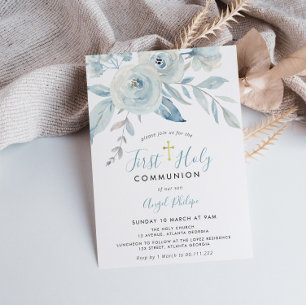 Invitación Blue watercolor flowers first holy communion