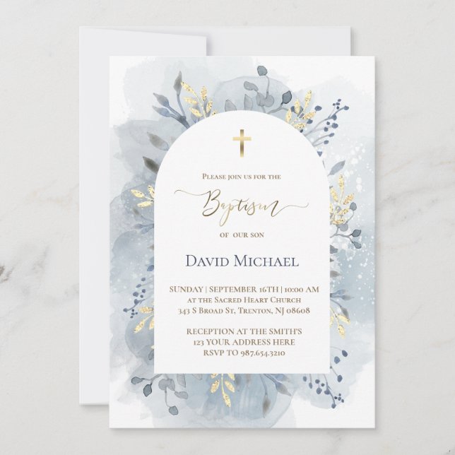 Invitación blue watercolor foliage Baptism  (Anverso)