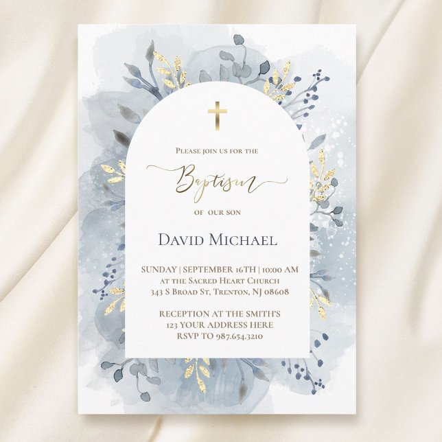 Invitación blue watercolor foliage Baptism  (Subido por el creador)
