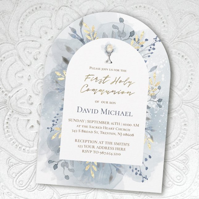 Invitación  blue watercolor foliage First Holy Communion  (Subido por el creador)