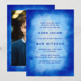 Invitación Blue Watercolor Frame Custom PHOTO Bar Bat Mitzvah