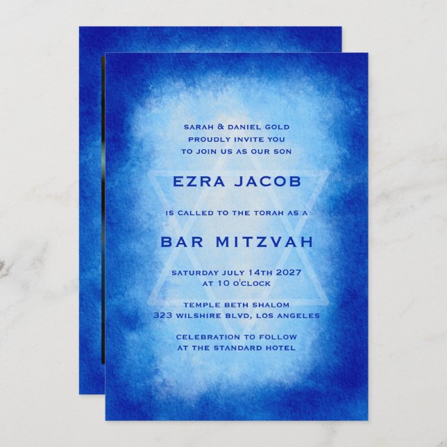 Invitación Blue Watercolor Frame Custom PHOTO Bar Bat Mitzvah (Anverso / Reverso)