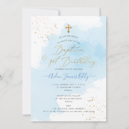 Invitación Blue Watercolor Gold Baptism+1er cumpleaños