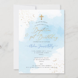Invitación Blue Watercolor Gold Baptism+1er cumpleaños