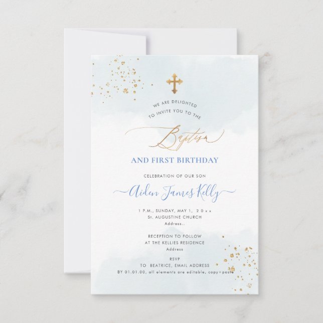 Invitación Blue Watercolor Gold Baptism+1er cumpleaños (Anverso)