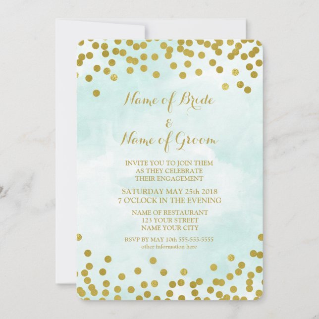Invitación Blue Watercolor Gold Confetti Engagement Party (Anverso)