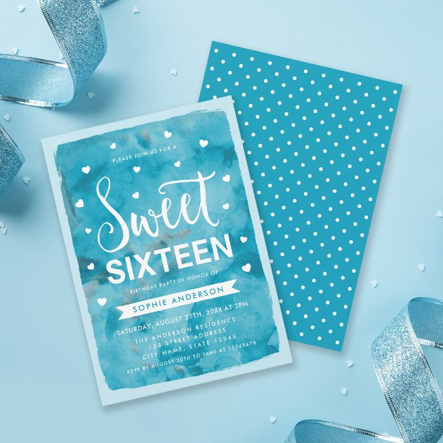 Invitación Blue Watercolor Hearts Sweet 16 Birthday Party (Subido por el creador)