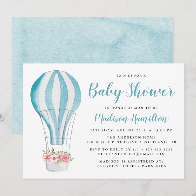 Invitación Blue Watercolor Hot Air Balloon Baby Shower (Anverso / Reverso)