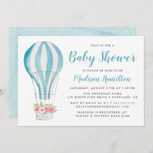 Invitación Blue Watercolor Hot Air Balloon Baby Shower
