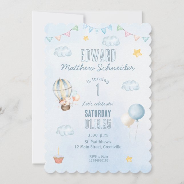 Invitación Blue Watercolor Hot Air Balloon Bunny Cumpleaños (Anverso)