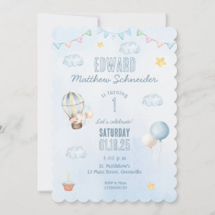 Invitación Blue Watercolor Hot Air Balloon Bunny Cumpleaños
