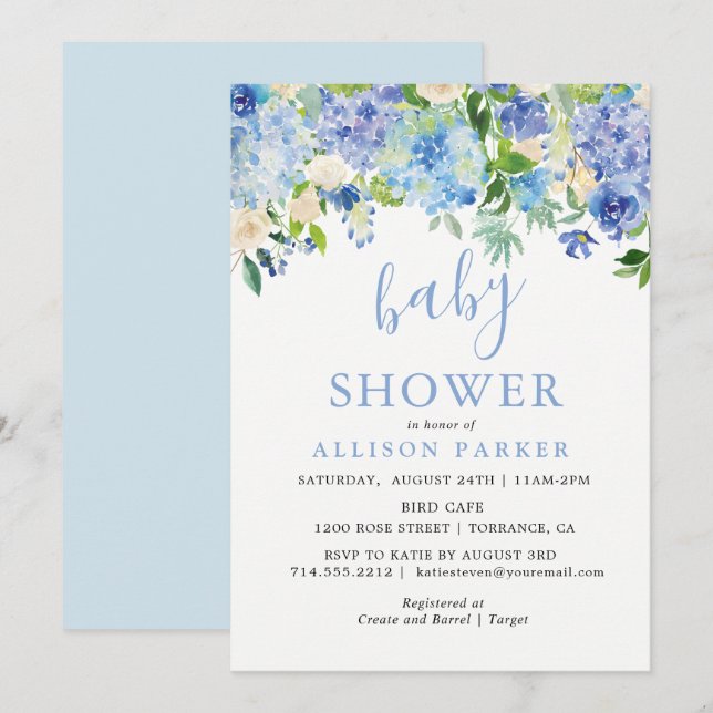 Invitación Blue Watercolor Hydrangea Brunch & Bubbly Cards (Anverso / Reverso)
