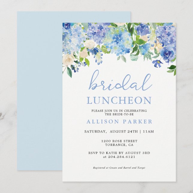 Invitación Blue Watercolor Hydrangea Floral Bridal Luncheon (Anverso / Reverso)