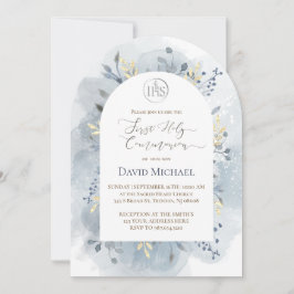 Invitación  blue watercolor leaves First Holy Communion 