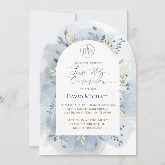 Invitación  blue watercolor leaves First Holy Communion  (Anverso)