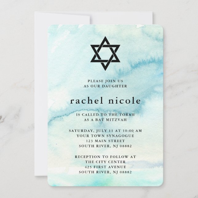 Invitación Blue Watercolor Look Bat Mitzvah (Anverso)