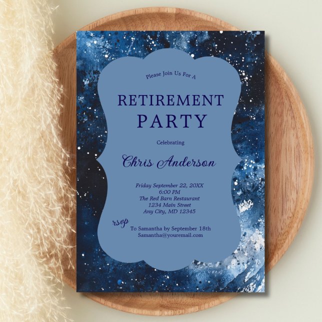Invitación Blue Watercolor Moderno Business Retirement Fiesta (Blue watercolor texture modern retirement party invitation for him or her. Printed or Digital )
