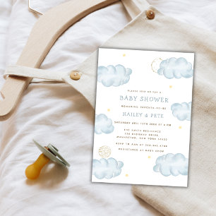 Invitación Blue Watercolor Moon Star Cloud Boy Baby Shower