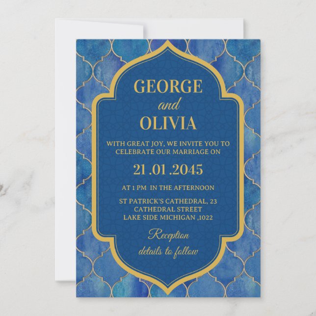 Invitación Blue Watercolor Moroccan Pattern Wedding (Anverso)
