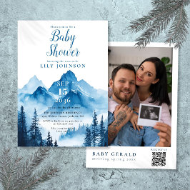 Invitación Blue Watercolor Mountain Baby Shower Photo QR Code