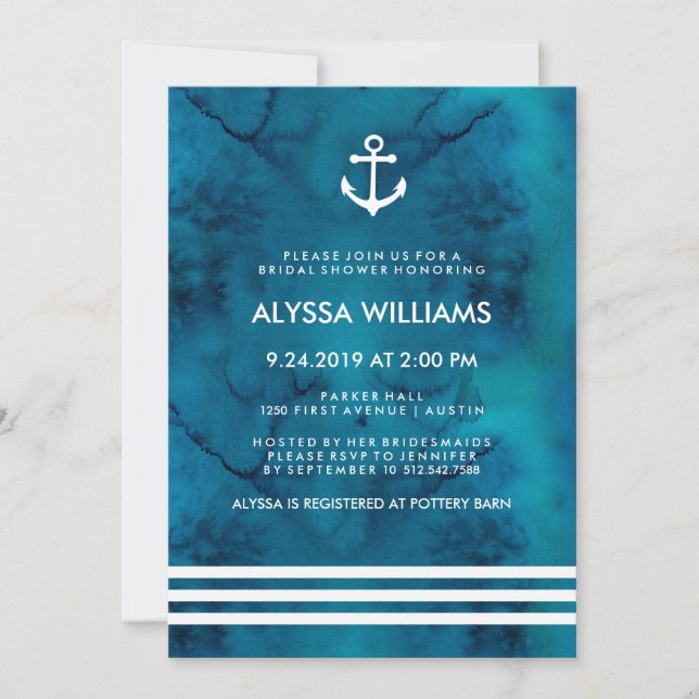Invitación Blue Watercolor Nautical Bridal Shower (Anverso)