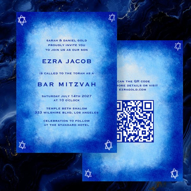 Invitación Blue Watercolor Personalizado QR Code Bar Bat Mitz (Blue Watercolor Star of David Abstract Custom QR Code Bar Bat Mitzvah Invitation
)